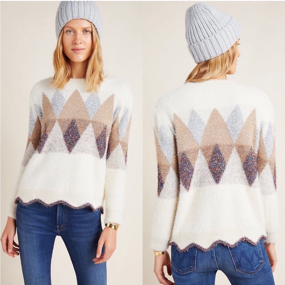 ANTHROPOLOGIE RAGA Matterhorn Sweater Geometric Print in Sparkly Tinsel - M